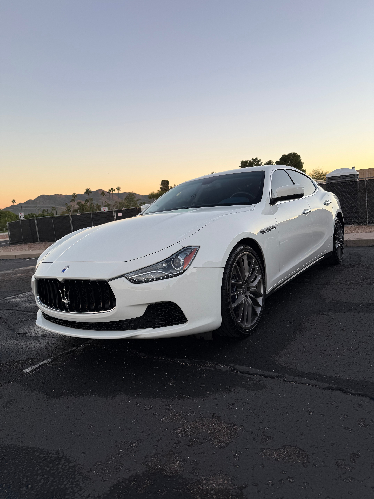 White Maserati Ghibli detailed by Canyon Detailing at sunset in Tucson, Arizona